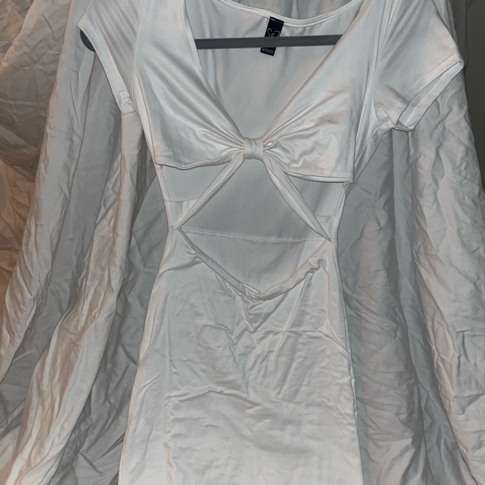 White Short Sleeve Dress with Bow Cutout Detail